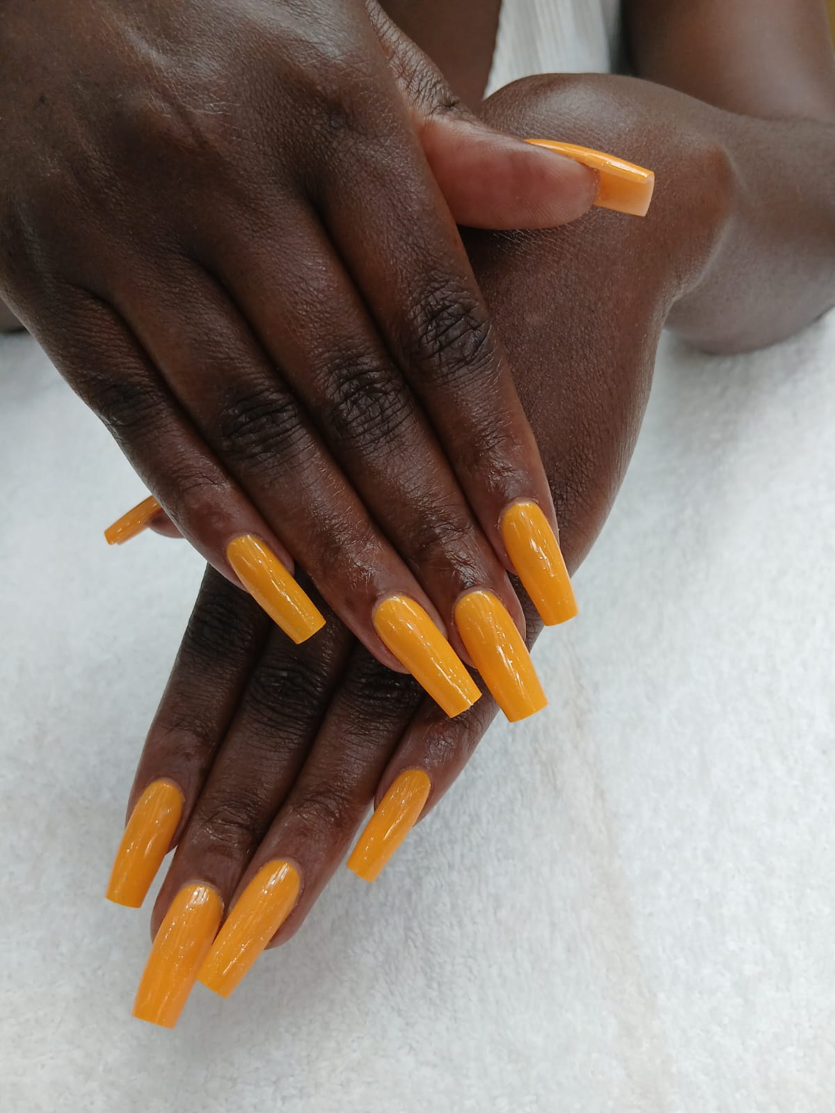 Long square mustard yellow acrylic nails by Laira Touch